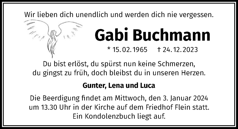  Traueranzeige für Gabi Buchmann vom 30.12.2023 aus GESAMT