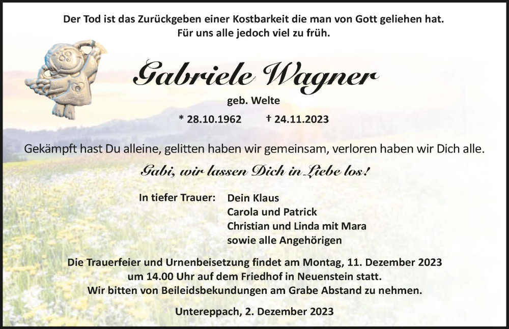  Traueranzeige für Gabriele Wagner vom 02.12.2023 aus GESAMT