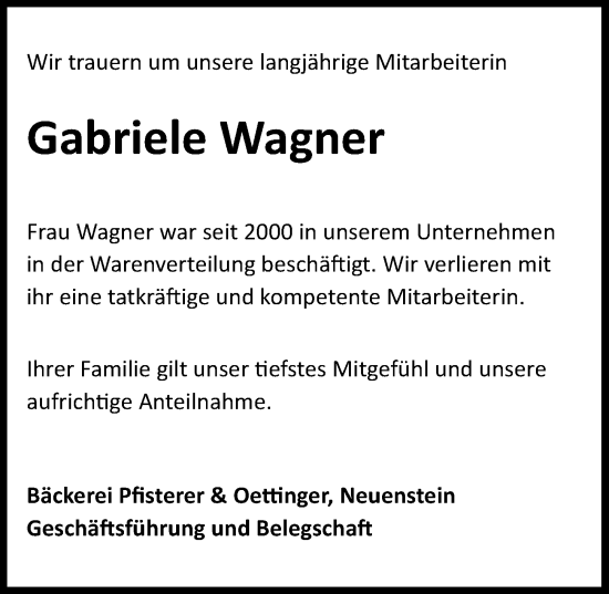 Traueranzeige von Gabriele Wagner von GESAMT