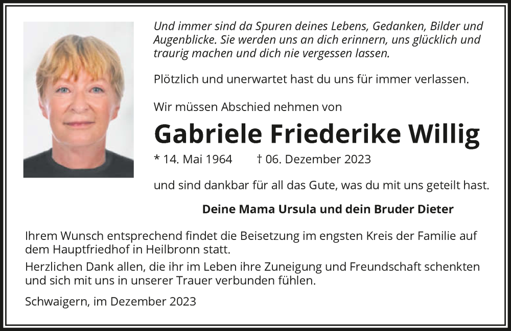  Traueranzeige für Gabriele Friederikir Willig vom 16.12.2023 aus GESAMT