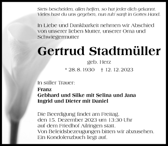 Traueranzeige von Gertrud Stadtmüller von GESAMT