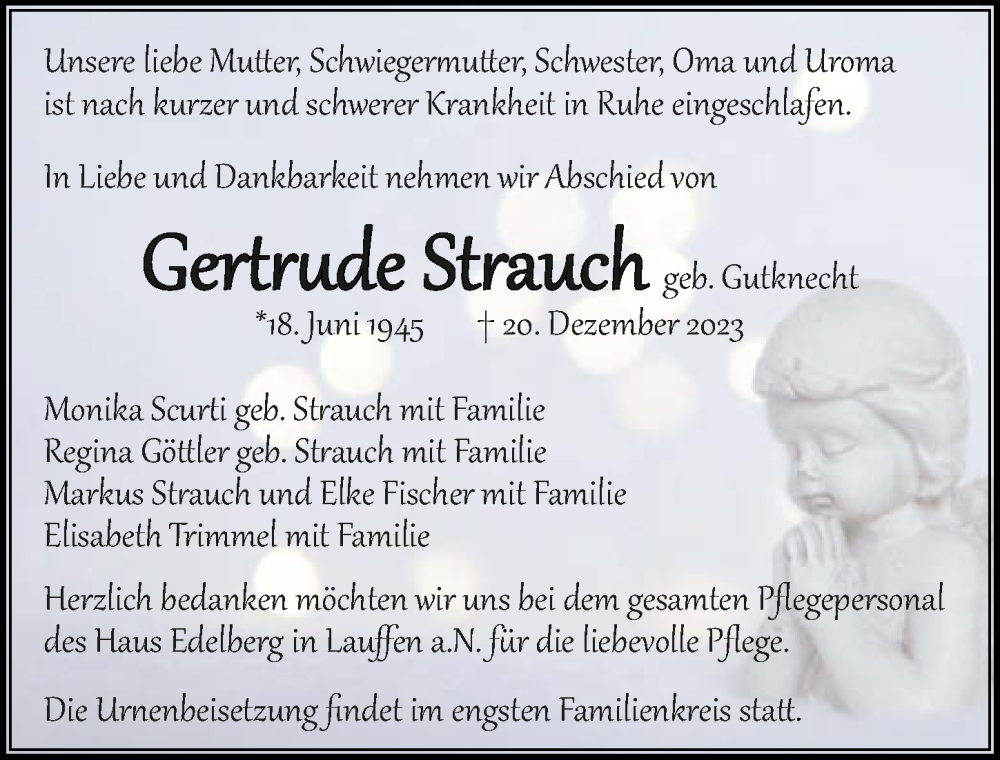  Traueranzeige für Gertrude Strauch vom 23.12.2023 aus GESAMT