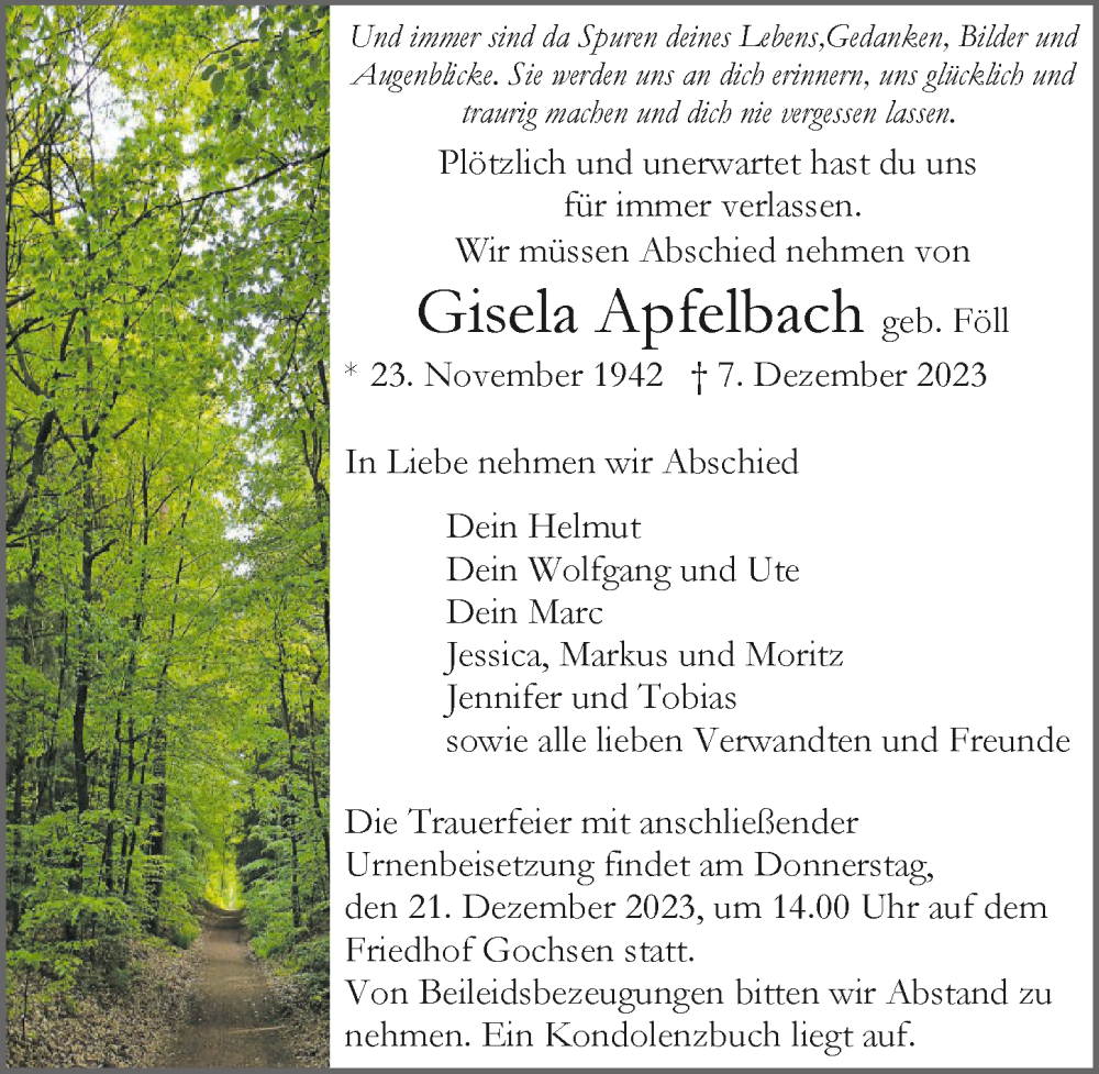  Traueranzeige für Gisela Apfelbach vom 19.12.2023 aus GESAMT