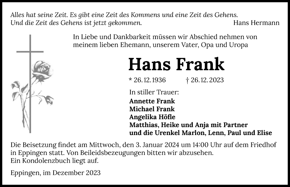  Traueranzeige für Hans Frank vom 30.12.2023 aus GESAMT