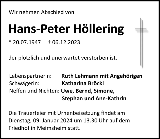 Traueranzeige von Hans-Peter Höllering von GESAMT