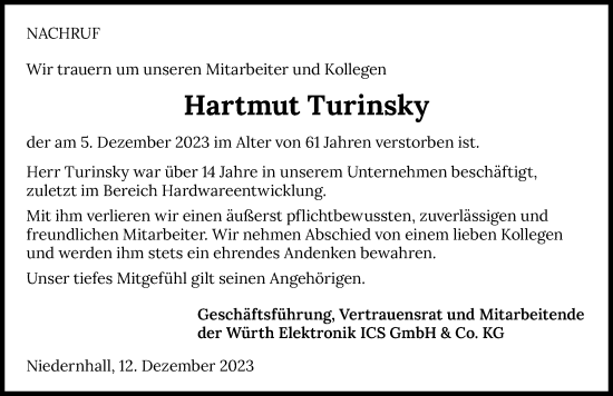 Traueranzeige von Hartmut Turinsky von GESAMT
