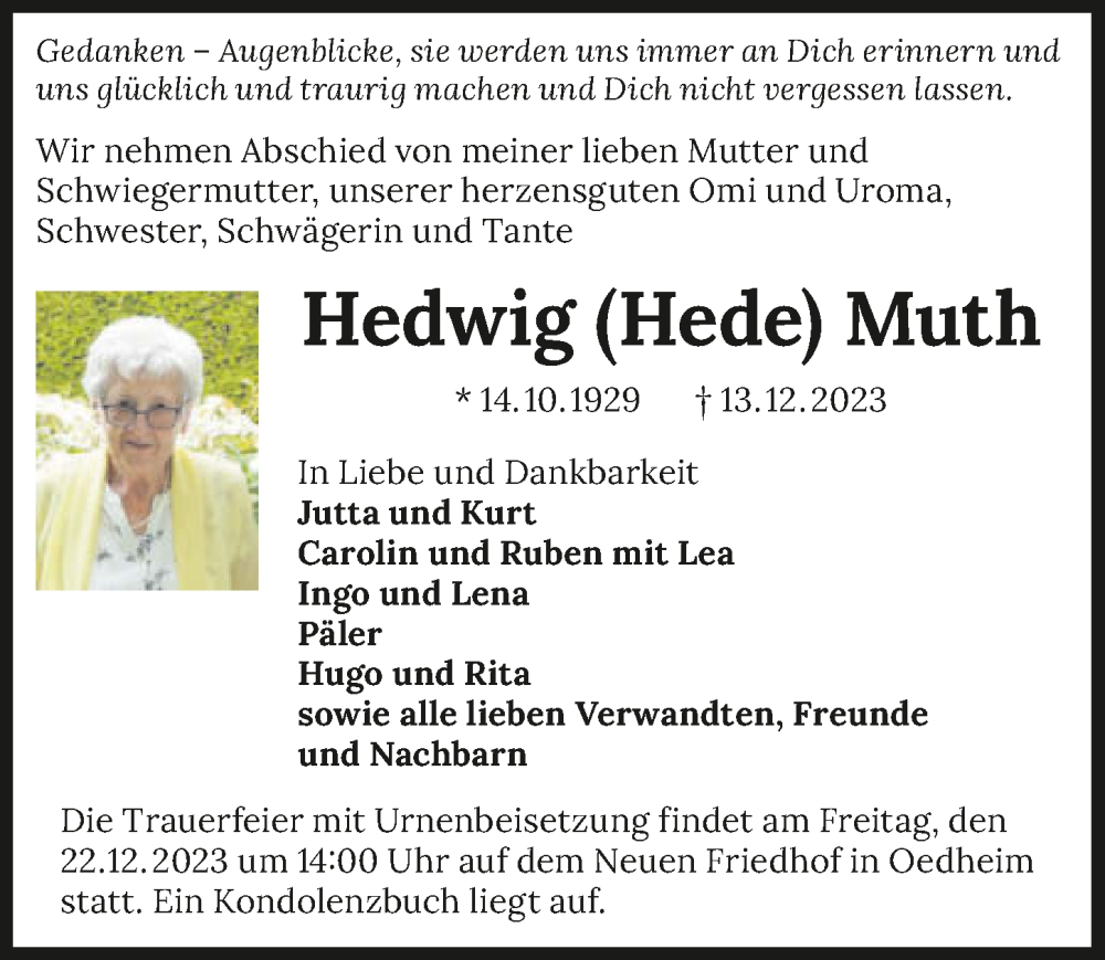  Traueranzeige für Hedwig Muth vom 20.12.2023 aus GESAMT