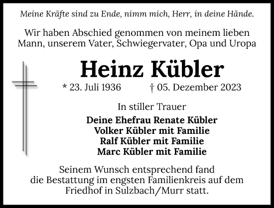 Traueranzeige von Heinz Kübler von GESAMT