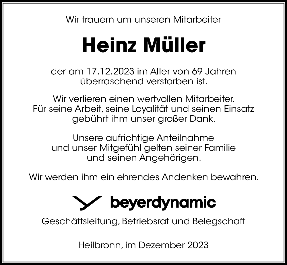 Traueranzeige für Heinz Müller vom 23.12.2023 aus GESAMT