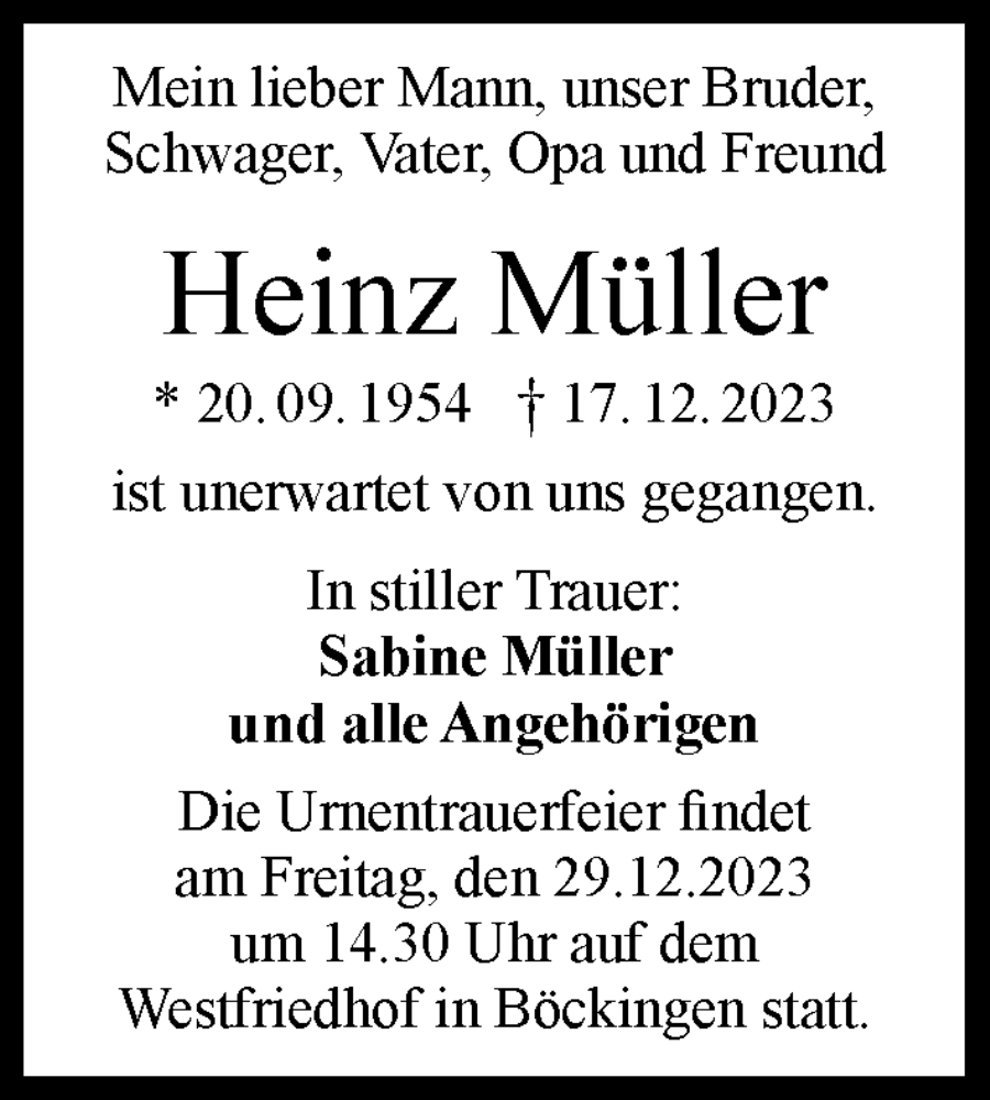  Traueranzeige für Heinz Müller vom 23.12.2023 aus GESAMT