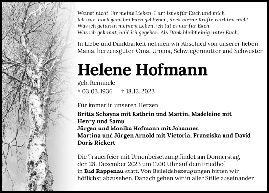 Traueranzeige von Helene Hofmann von GESAMT