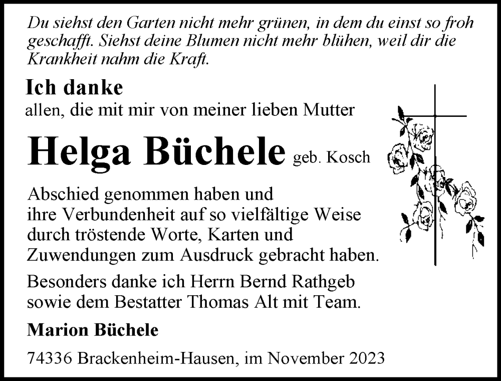  Traueranzeige für Helga Büchele vom 01.12.2023 aus GESAMT