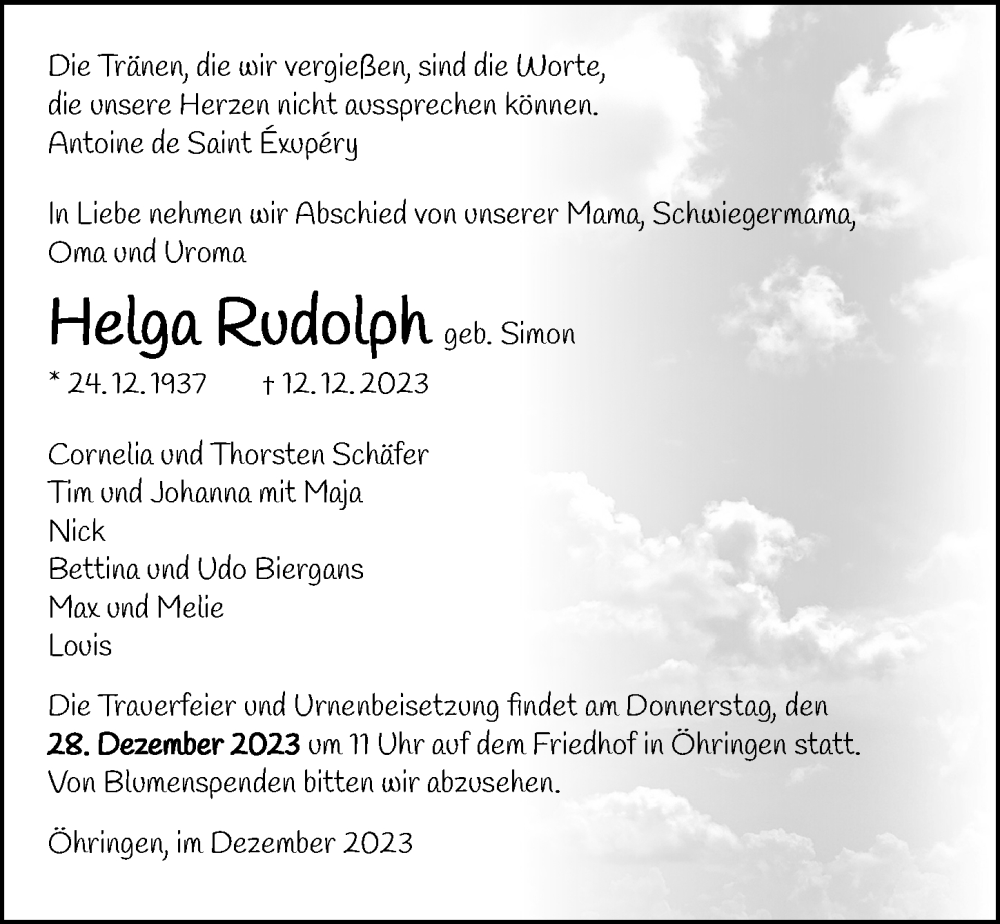  Traueranzeige für Helga Rudolph vom 16.12.2023 aus GESAMT