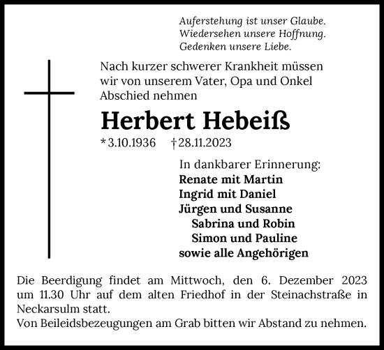 Traueranzeige von Herbert Hebeiß von GESAMT