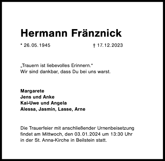 Traueranzeige von Hermann Fränznick von GESAMT