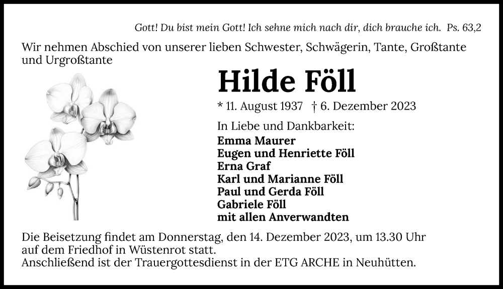  Traueranzeige für Hilde Föll vom 12.12.2023 aus GESAMT