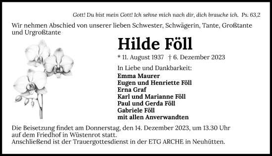 Traueranzeige von Hilde Föll von GESAMT