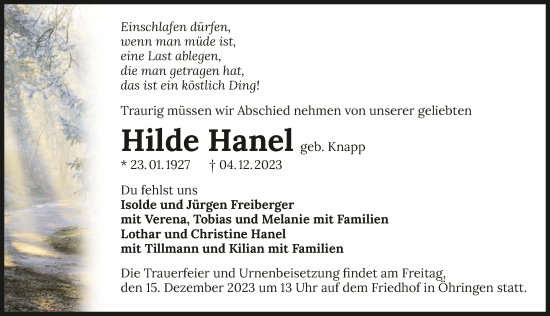 Traueranzeige von Hilde Hanel von GESAMT