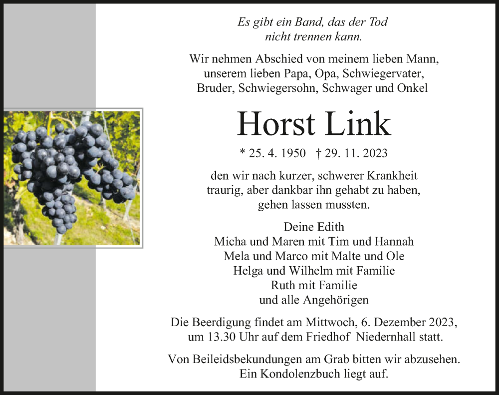  Traueranzeige für Horst Link vom 02.12.2023 aus GESAMT