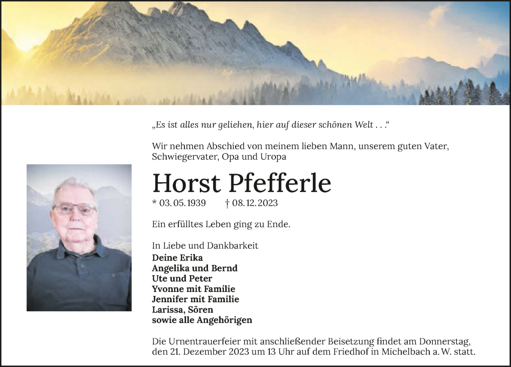  Traueranzeige für Horst Pfefferle vom 16.12.2023 aus GESAMT