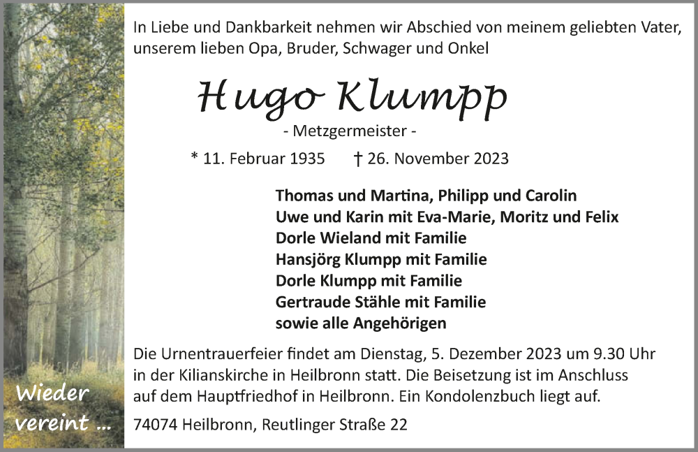  Traueranzeige für Hugo Klumpp vom 02.12.2023 aus GESAMT