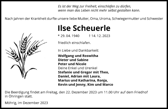 Traueranzeige von Ilse Scheuerle von GESAMT