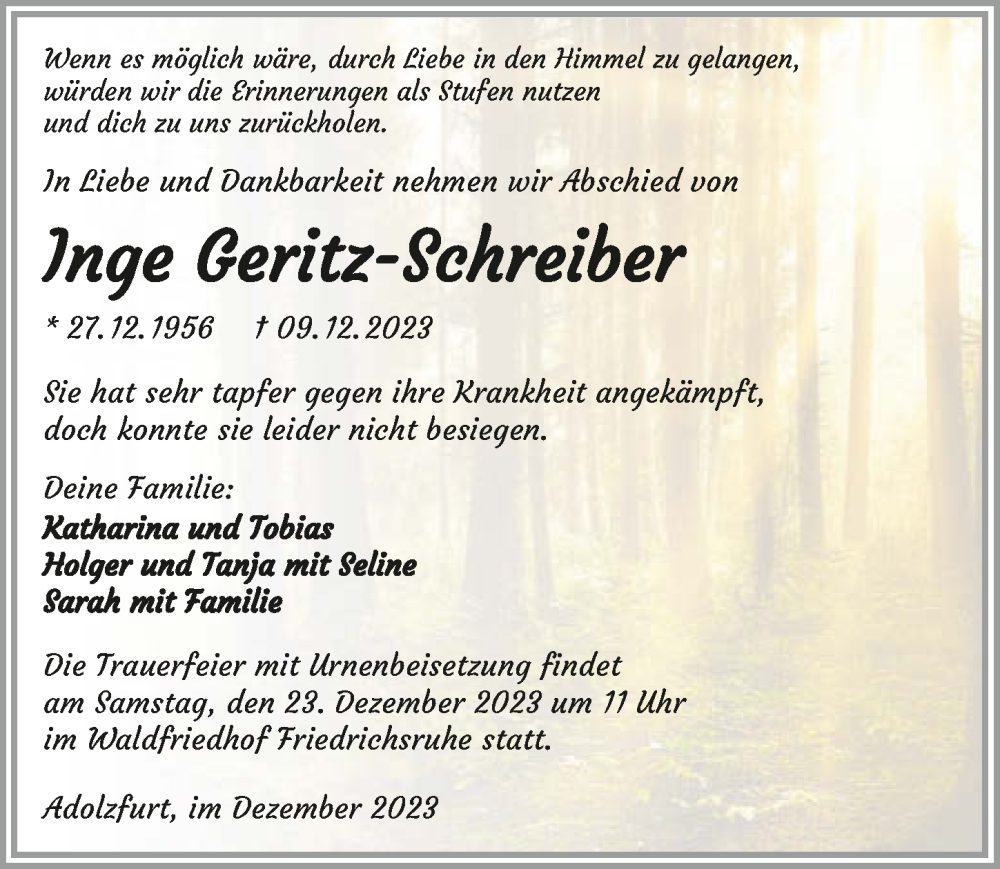  Traueranzeige für Inge Geritz-Schreiber vom 18.12.2023 aus GESAMT