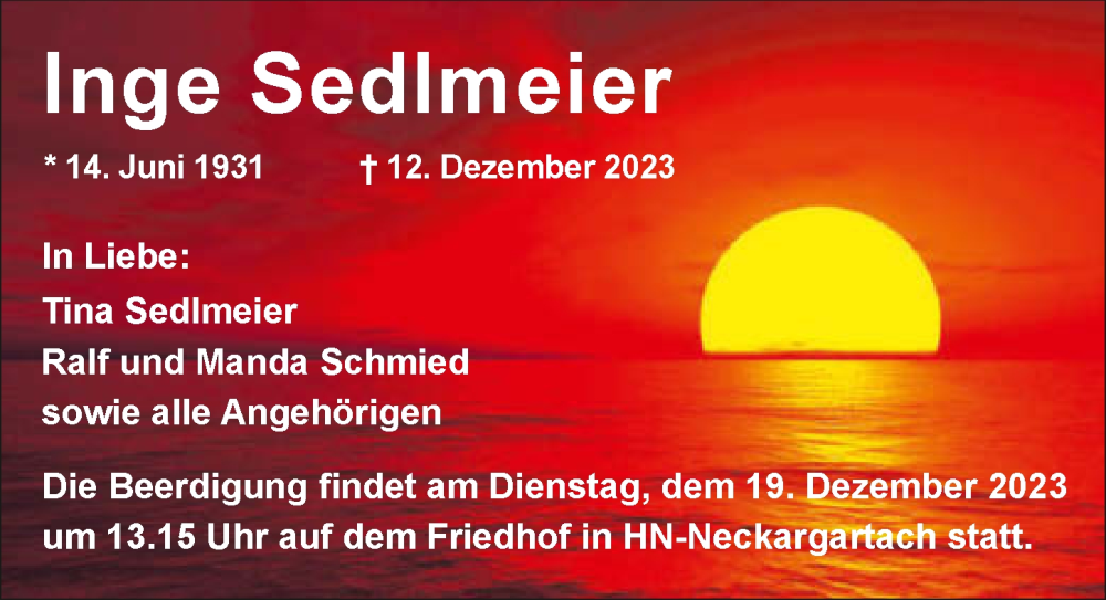  Traueranzeige für Inge Sedlmeier vom 14.12.2023 aus GESAMT