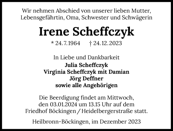 Traueranzeige von Irene Scheffczyk von GESAMT