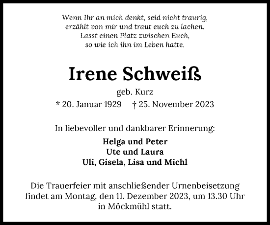 Traueranzeige von Irene Schweiß von GESAMT