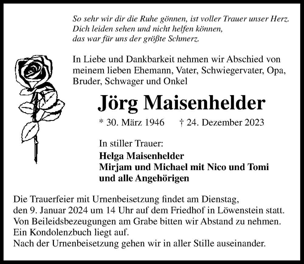  Traueranzeige für Jörg Maisenhelder vom 30.12.2023 aus GESAMT