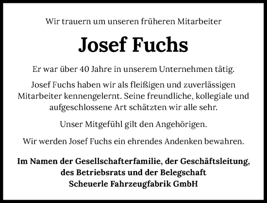 Traueranzeige von Josef Fuchs von GESAMT