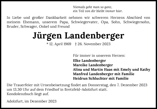 Traueranzeige von Jürgen Landenberger von GESAMT