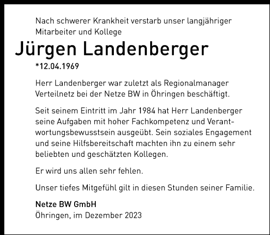 Traueranzeige von Jürgen Landenberger von GESAMT