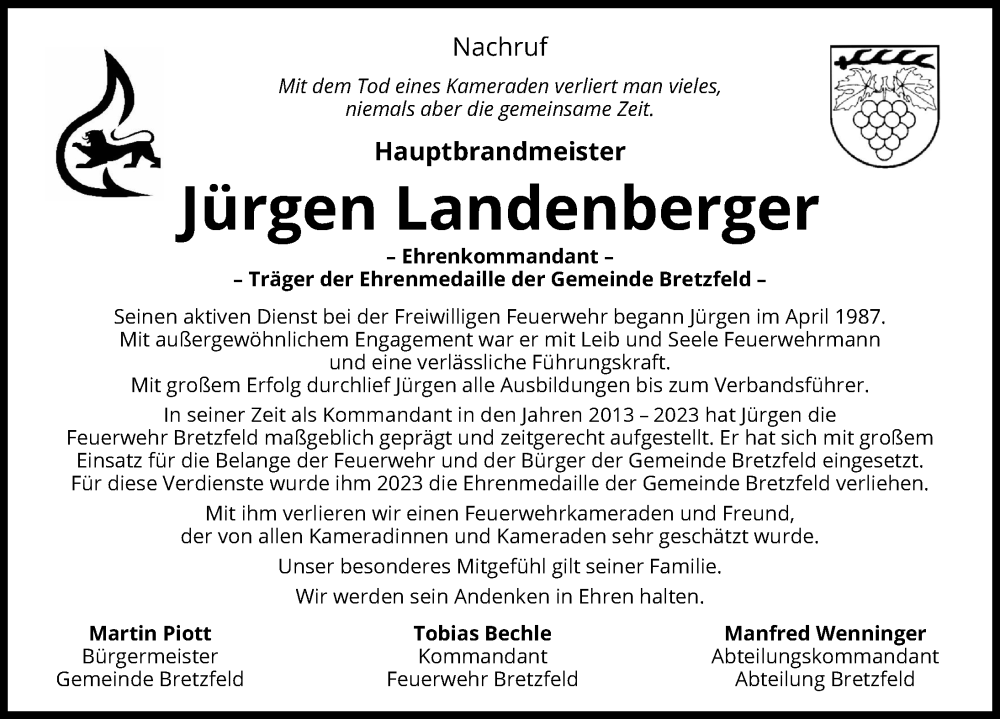  Traueranzeige für Jürgen Landenberger vom 02.12.2023 aus GESAMT