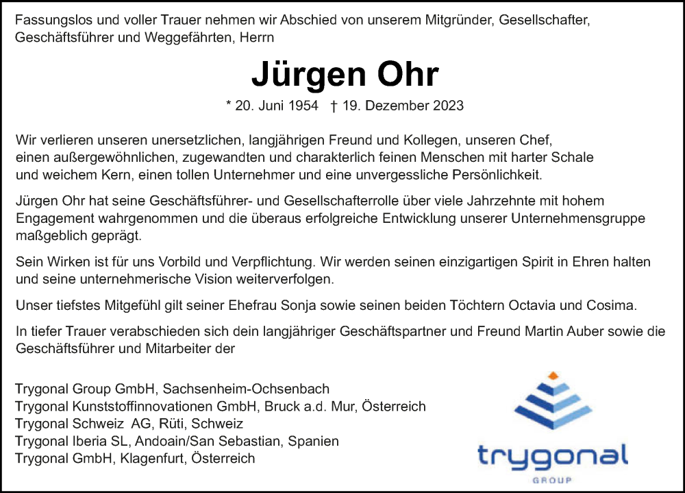  Traueranzeige für Jürgen Ohr vom 30.12.2023 aus GESAMT