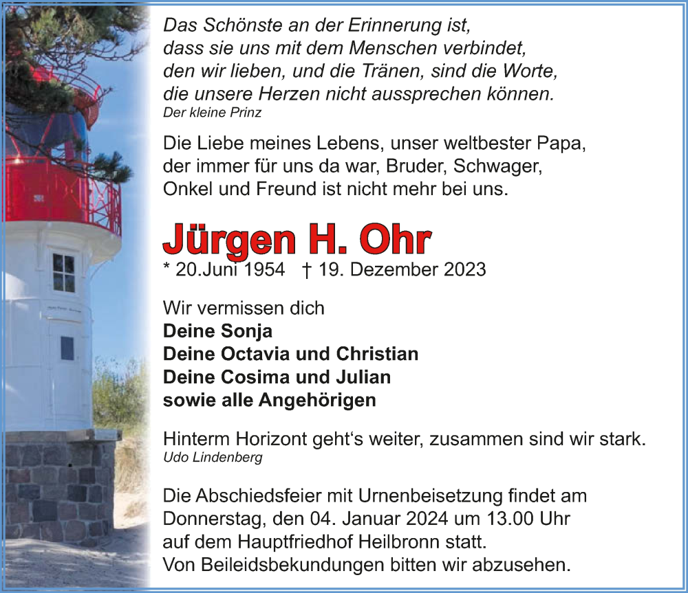  Traueranzeige für Jürgen Ohr vom 30.12.2023 aus GESAMT