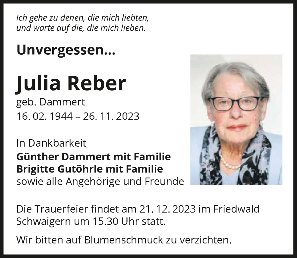  Traueranzeige für Julia Reber vom 16.12.2023 aus GESAMT