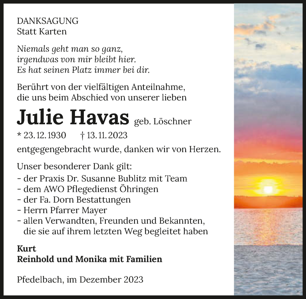  Traueranzeige für Julie Havas vom 13.12.2023 aus GESAMT