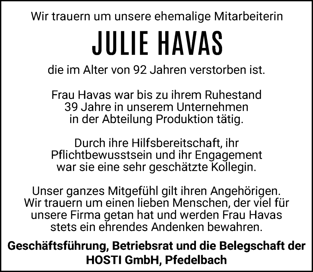  Traueranzeige für Julie Havas vom 02.12.2023 aus GESAMT