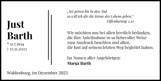 Traueranzeige von Just Barth von GESAMT