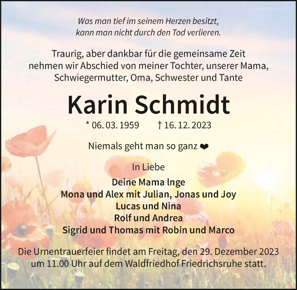  Traueranzeige für Karin Schmidt vom 23.12.2023 aus GESAMT