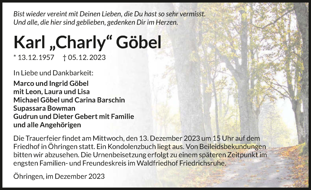  Traueranzeige für Karl Göbel vom 09.12.2023 aus GESAMT