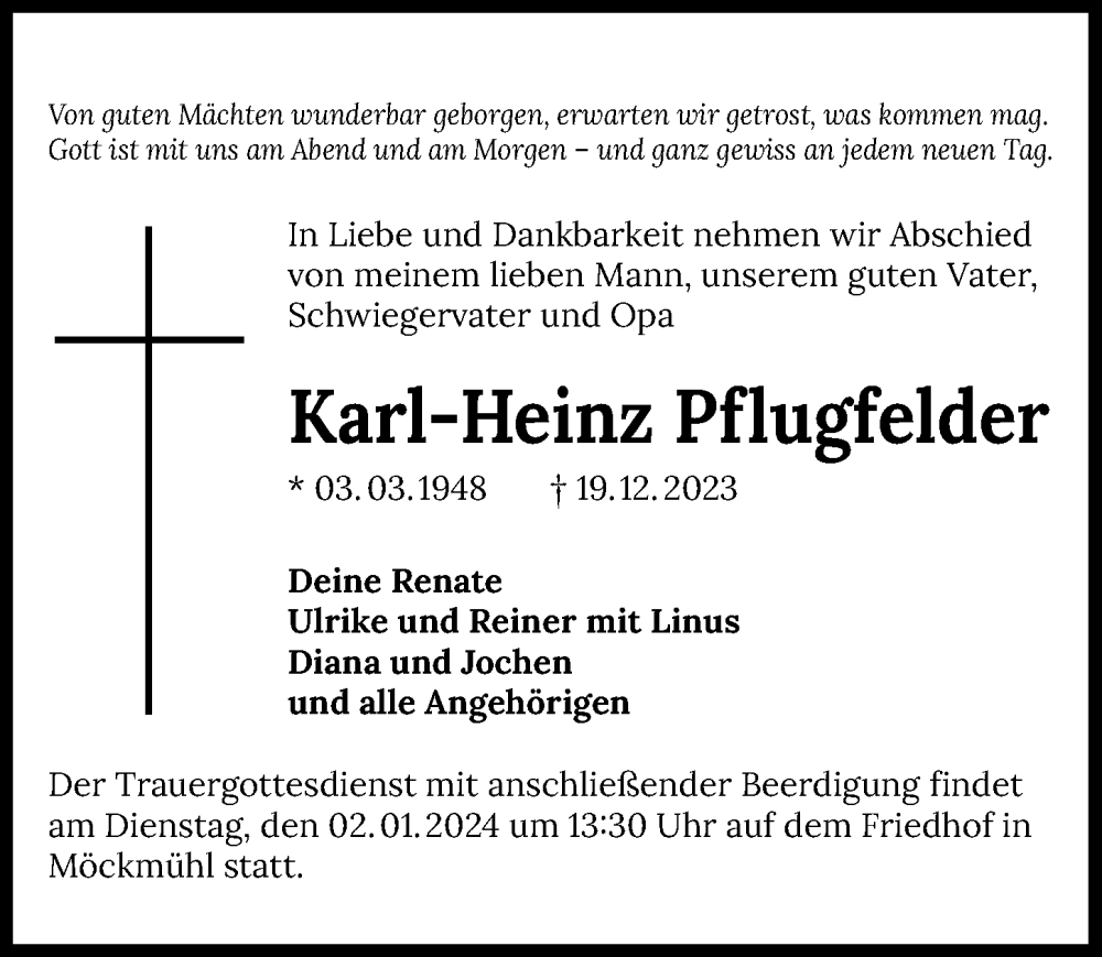  Traueranzeige für Karl-Heinz Pflugfelder vom 30.12.2023 aus GESAMT