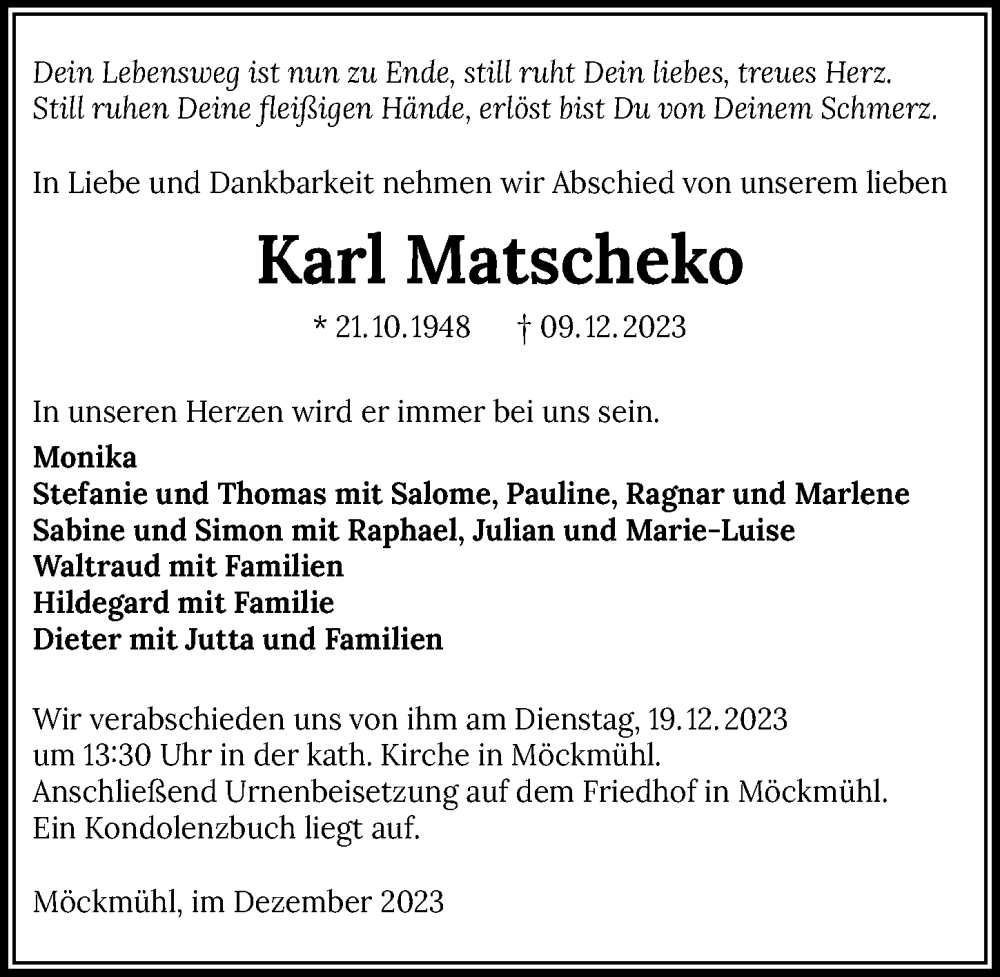  Traueranzeige für Karl Matscheko vom 16.12.2023 aus GESAMT