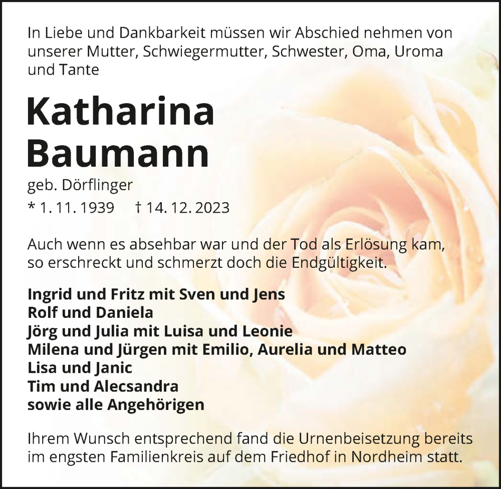  Traueranzeige für Katharina Baumann vom 23.12.2023 aus GESAMT