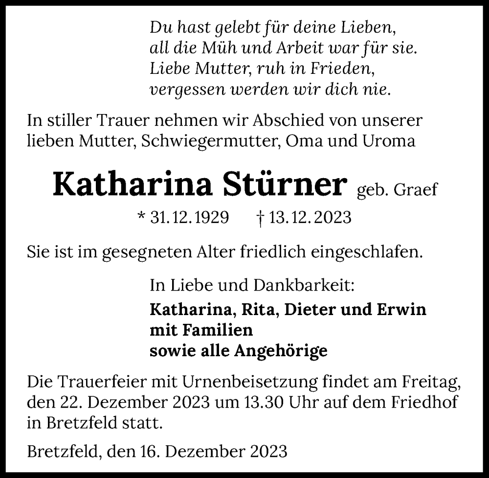  Traueranzeige für Katharina Stürner vom 16.12.2023 aus GESAMT