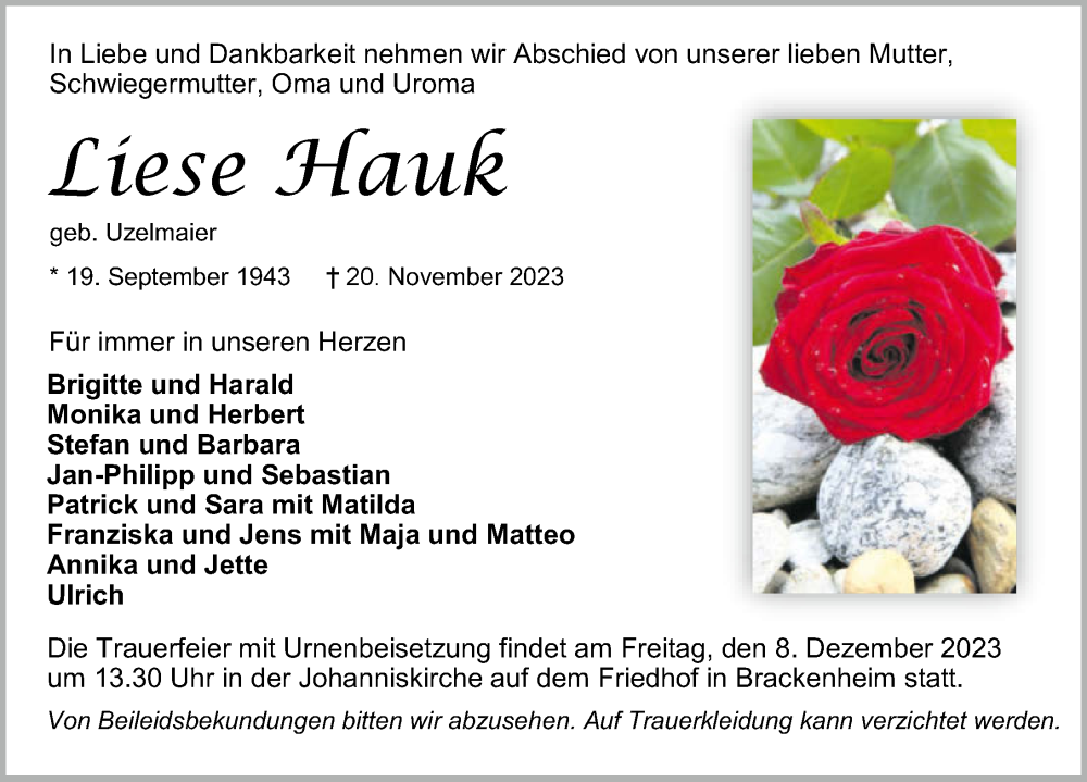  Traueranzeige für Liese Hauk vom 02.12.2023 aus GESAMT