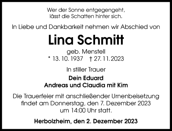 Traueranzeige von Lina Schmitt von GESAMT