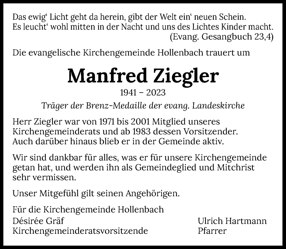  Traueranzeige für Manfred Ziegler vom 29.12.2023 aus GESAMT